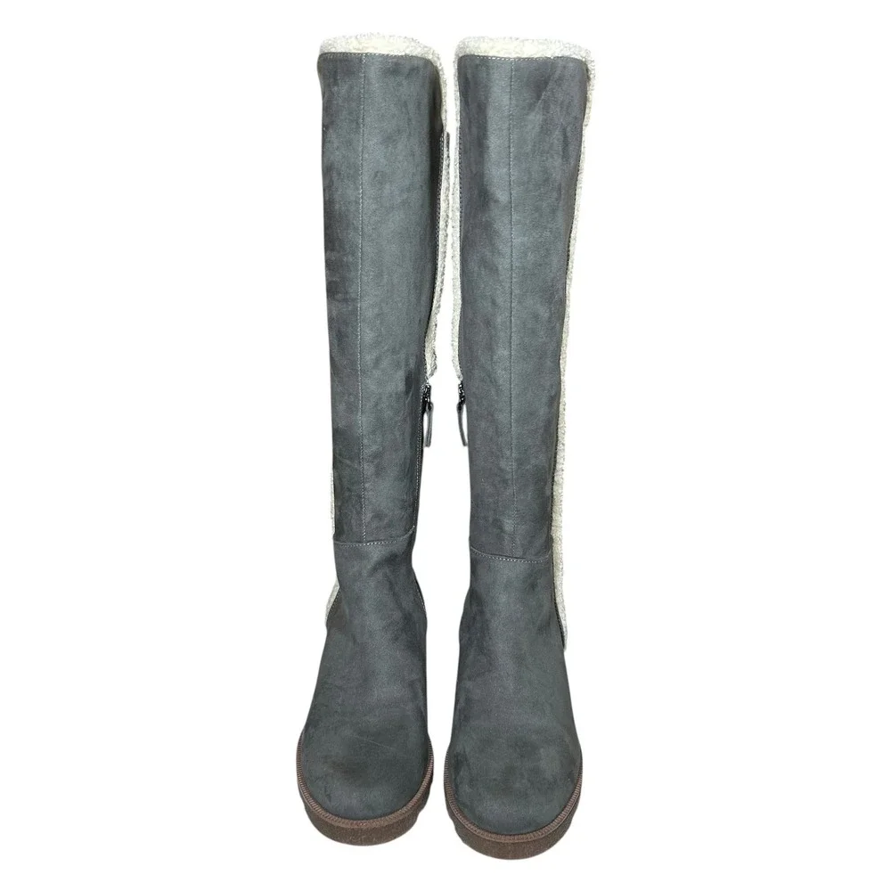 Dr Scholls Gray Faux Suede Knee High Boots Faux Shearling Trim Side Zip Lug Sz 8